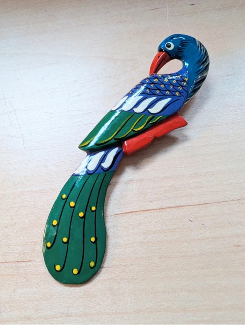 Vintage 80s Large Painted Wood Peacock Brooch Pin